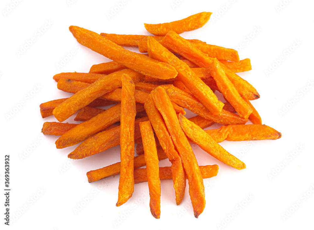 Pile of Sweet Potatoe Fries Isolated on a White Background Pile of Sweet Potatoe Fries Isolated on a White Background