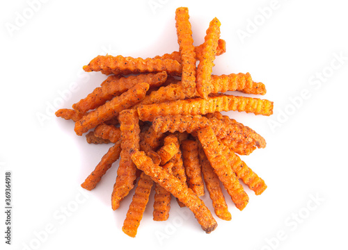 Crinkle Sweet Potatoe Fries on a White Background