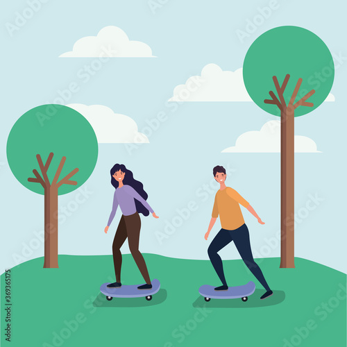 Woman and man cartoons on skateboard at park design, Outdoor activity theme Vector illustration