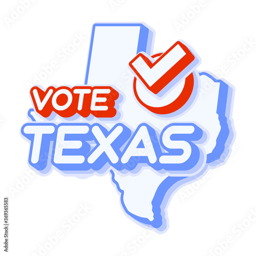 Presidential vote in Texas USA 2020 vector illustration. State map with text to vote and red tick or check mark of choice. Sticker Isolated on a white background