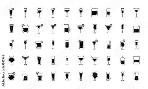 Cocktails glasses cups silhouette style 50 icon set design, Alcohol drink bar and beverage theme Vector illustration
