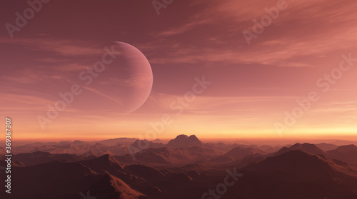 3d rendered Space Art  Alien Planet - A Fantasy Landscape with red skies and clouds