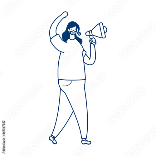 woman wearing medical mask protesting with megaphone