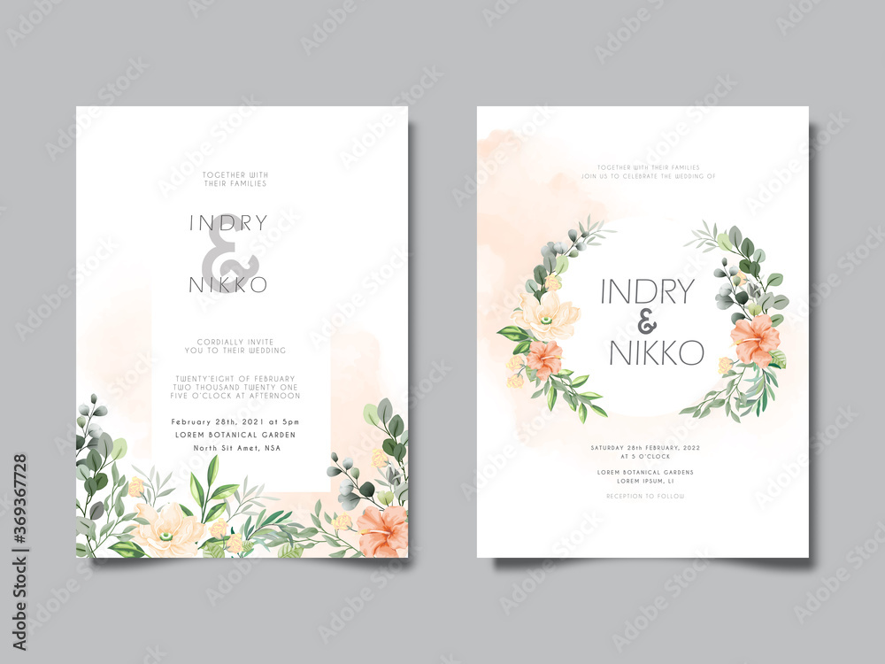 elegant flower and leaves wedding invitation cards