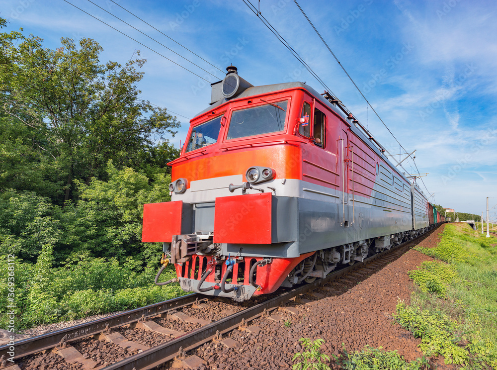 Freight train moves by the forest. Freight train moves by the forest.
