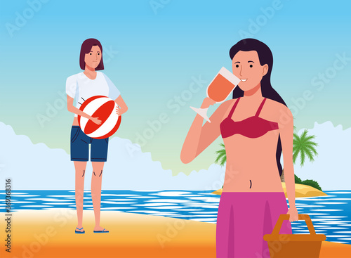 young women wearing swimsuit on the beach characters