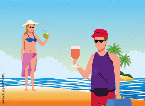 young couple wearing swimsuits drinking cocktails on the beach scene