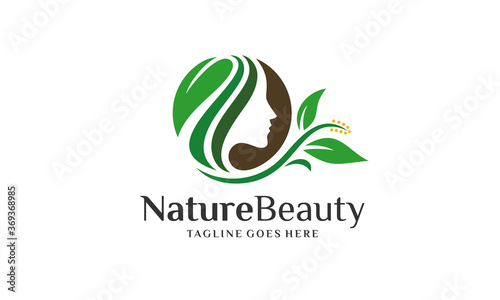 Nature Beauty Logo - Woman Head Green Leaf Vector