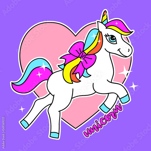 VECTOR OF A COLORFUL UNICORN WITH A BOW, SLOGAN PRINT