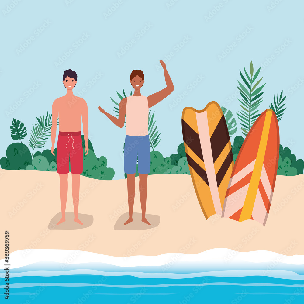 boys cartoons with swimsuit at the beach with surfboards design, Summer vacation tropical and relaxation theme Vector illustration