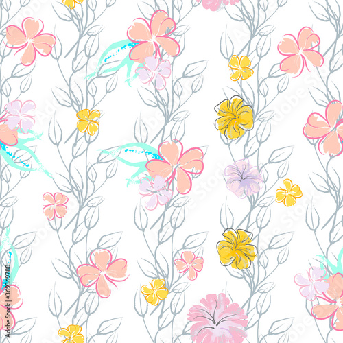 Pink Flowers Blooming Pattern. Pastel Watercolor.