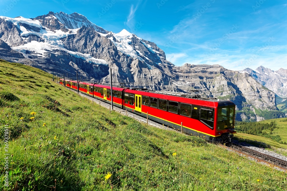 A cogwheel train travels on the railway from Jungfraujoch to Kleine Scheidegg on the green grassy hillside with Jungfrau & Monch mountains in background, in Bernese Highlands, Switzerland