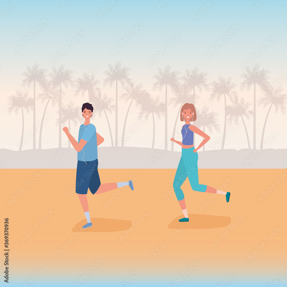 Woman and man cartoons running at the beach design, Outdoor activity theme Vector illustration Woman and man cartoons running at the beach design, Outdoor activity theme Vector illustration