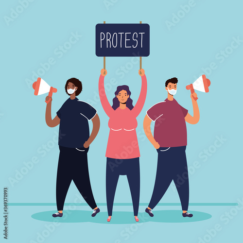 persons wearing medical masks protesting with placard and megaphone
