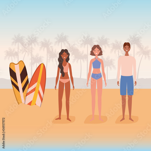 Girls and boy cartoons with swimsuit at the beach with surfboards design, Summer vacation tropical and relaxation theme Vector illustration