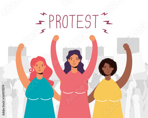 interracial women group protesting characters