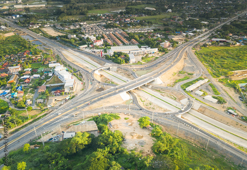 Aerial view of highway road and intersection road in Chiang Mai of Thailand.