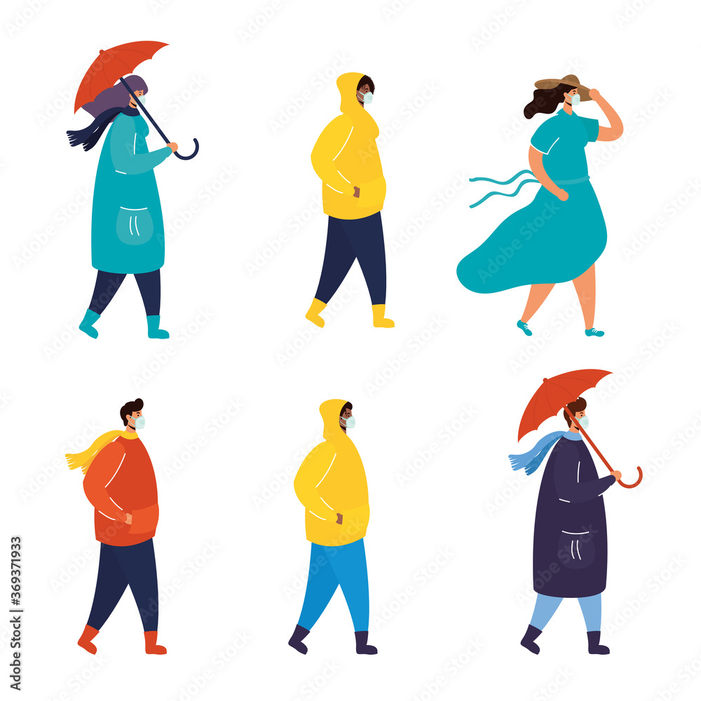 Fototapeta premium interracial young people wearing medical masks with seasonal clothes