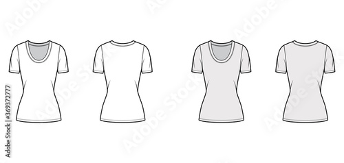 Scoop neck jersey t-shirt technical fashion illustration with short sleeves, close-fitting shape tunic length. Flat apparel template front, back white grey color. Women, men, unisex outfit top mockup