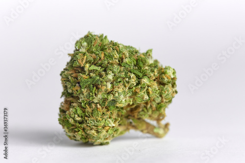 Close up of medical and recreational indica strain marijuana flower bud isolated on white background