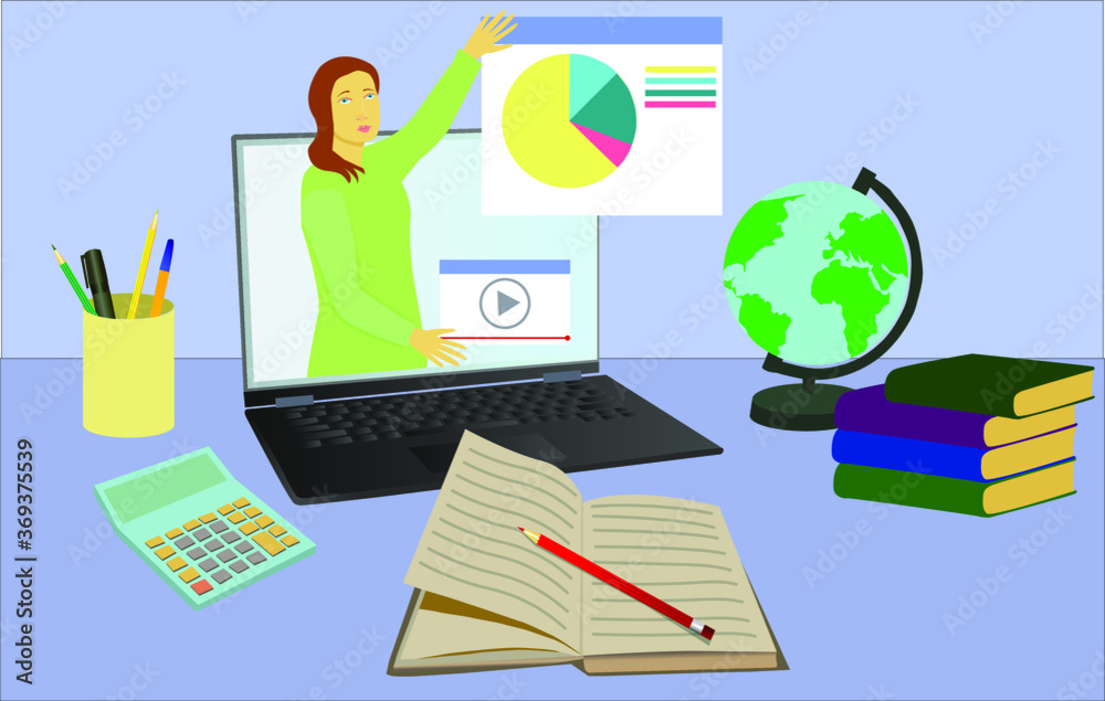 Online studying. An online teacher explains a lesson. Vector illustration. Online studying. An online teacher explains a lesson. Vector illustration.