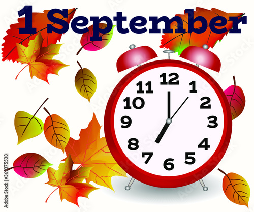 Alarm clock with autumn leaves. The beginning of school concept. Vector illustration.



