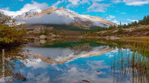 Lake Reflection of Massive Mountain Snow Covered Peak In Banff Mt K2 Time Lapse 4K photo