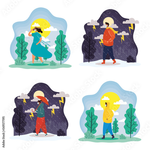 interracial young people wearing medical masks in seasonal scenes