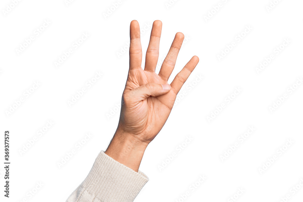 Hand of caucasian young man showing fingers over isolated white background counting number 4 showing four fingers Hand of caucasian young man showing fingers over isolated white background counting number 4 showing four fingers