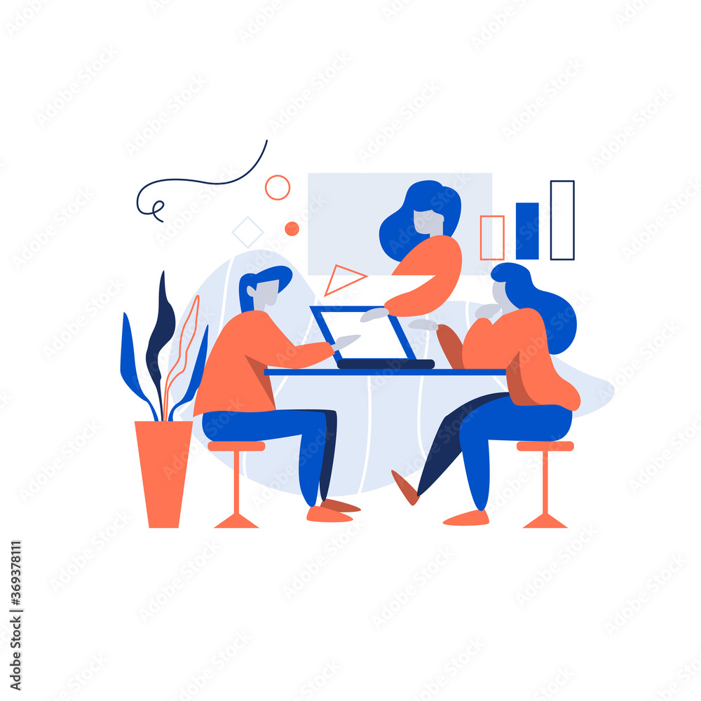 Man and woman working together in the development team project. Technology vector illustration
