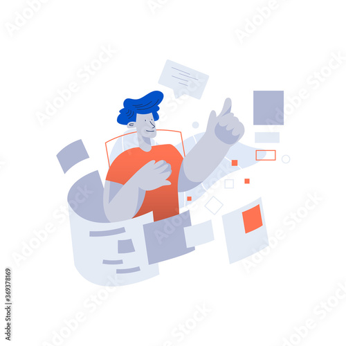 Man login into futuristic web browser hologram interface. Technology vector concept illustration