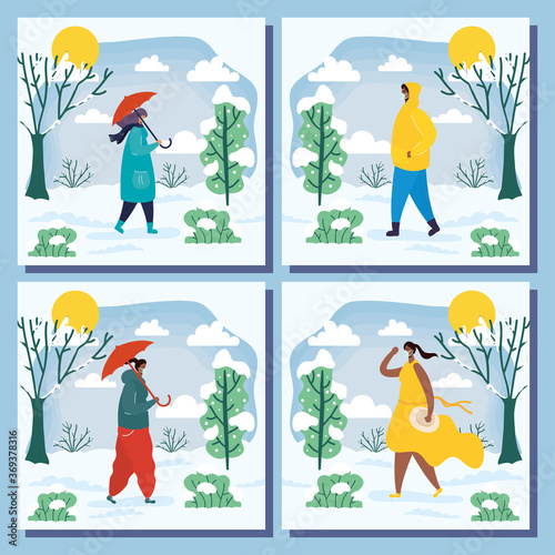 interracial young people wearing medical masks in seasonal scenes