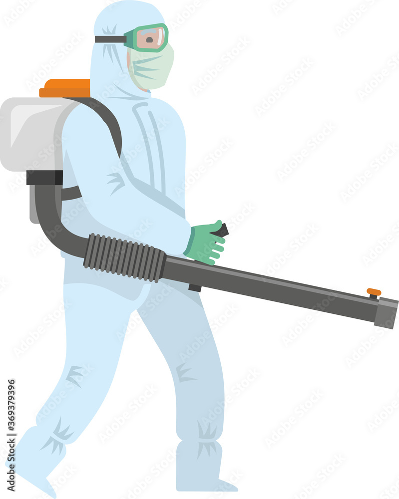 A disinfector in a protective suit, in a mask with disinfection equipment, sprays a disinfectant. Fight against viruses, parasites, insects. Disinfection. Flat infographics. Vector illustration