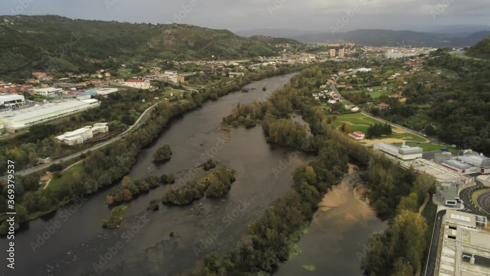 Ourense, river in thermal baths area. Hot Springs in Galicia,Spain. Aerial Drone Footage Ourense, river in thermal baths area. Hot Springs in Galicia,Spain. Aerial Drone Footage