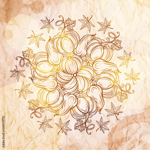 Black and white autumn motif on a grunge paper background. Pumpkins and autumn leaves decorative illustration
