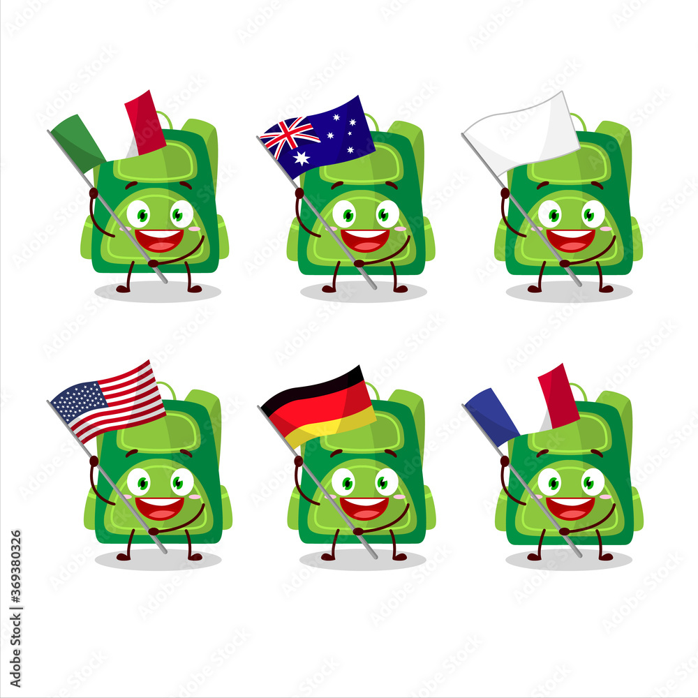 Green school bag cartoon character bring the flags of various countries Green school bag cartoon character bring the flags of various countries