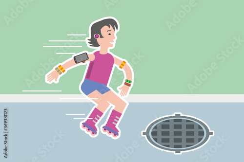 The child plays outside on the road. Child safety: do not step on the hatch, sewer hatch, rollerblading on the road. Vector illustration. Flat infographics.