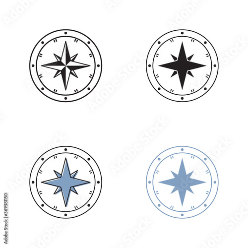 Simple compass icon on white background 4 types such as outline, black, color, outline and color. Vector illustration.