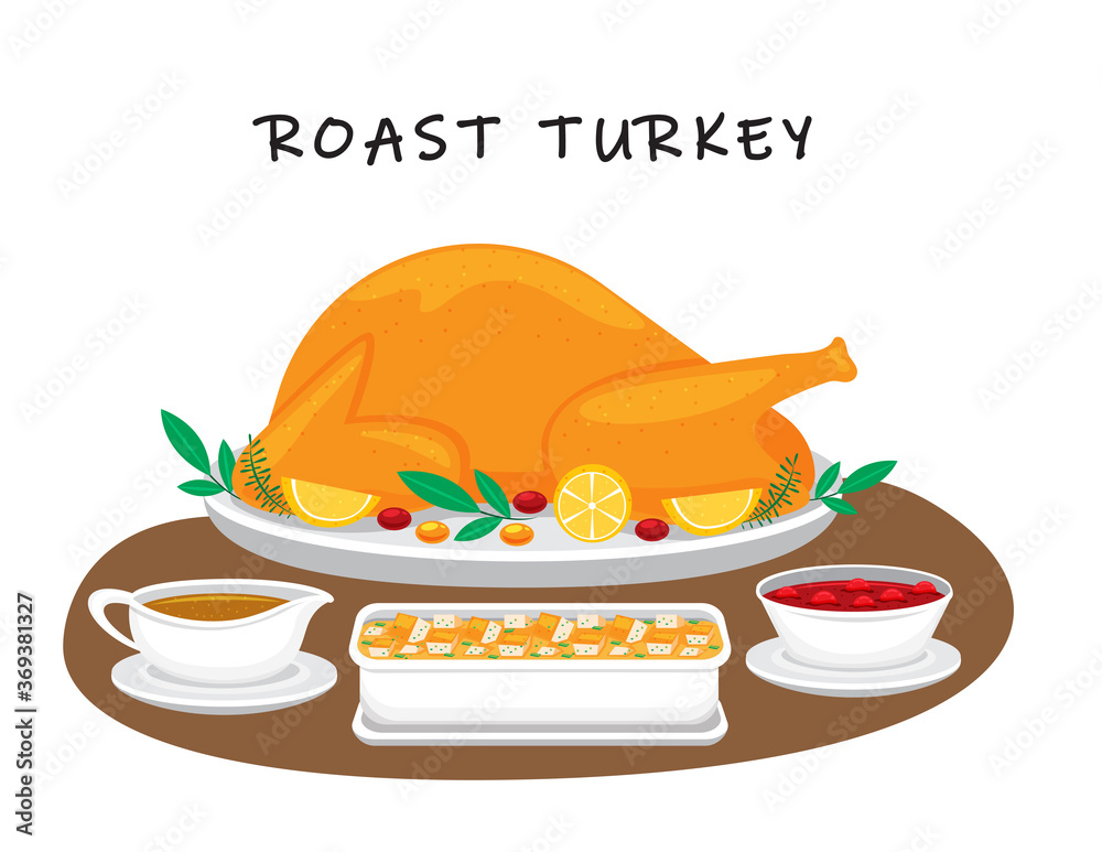 Illustration vector flat cartoon of food on table on white background.  Roast turkey chicken and gravy, stuffing, cranberry sauce in sauce boat  Stock Vector | Adobe Stock
