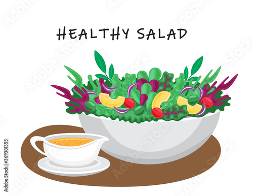 Illustration vector flat cartoon of food on table on white background. Avocado Salad on bowl and salad dressing