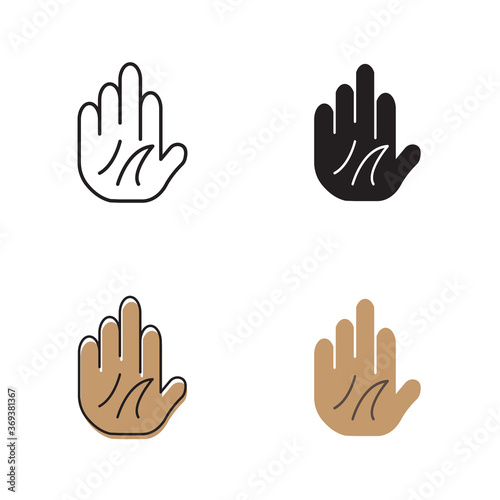 Simple stop hand icon on white background 4 types such as outline, black, color, outline and color. Vector illustration.