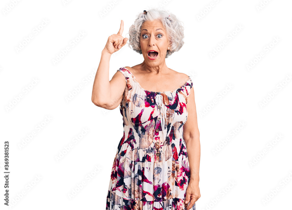 Senior grey-haired woman wearing casual clothes pointing finger up with successful idea. exited and happy. number one. Senior grey-haired woman wearing casual clothes pointing finger up with successful idea. exited and happy. number one.