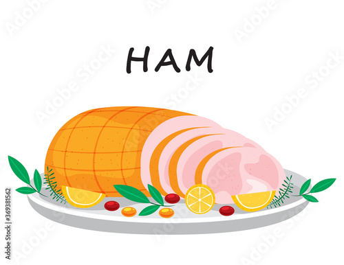 Illustration vector flat cartoon of food on happy Thanksgiving menu on dinner table as feast concept. Smoked pork or meat ham sliced with decoration on tray.