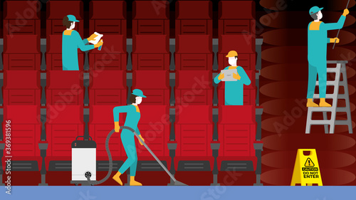 Cleaning concept. The cleaner team in a movie theater.  Clean and check inspector service.