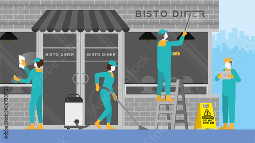Cleaning concept. The cleaner team in front of the cafe.  Clean and check inspector service.