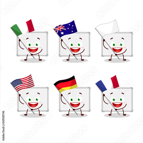 Whiteboard cartoon character bring the flags of various countries
