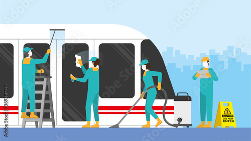 Cleaning concept. The cleaner team at the train in public transportation.  Clean and check inspector service.