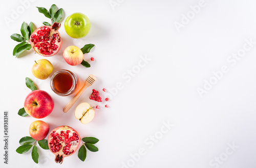 Rosh hashanah  jewish New Year holiday   Concept of traditional or religion symbols on white background.