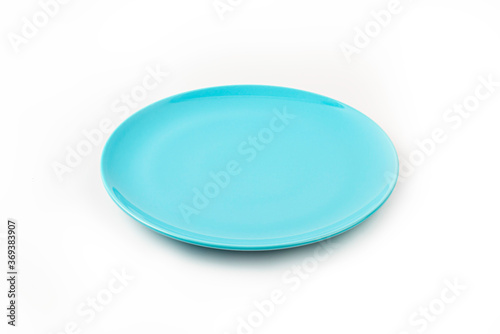  Empty Cyan ceramic plate isolated on white background.