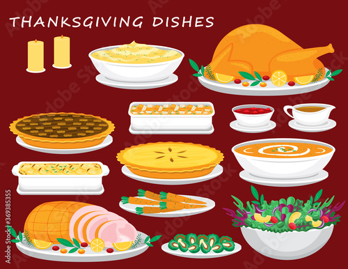 Illustration vector flat cartoon of food on happy Thanksgiving menu on dinner table as feast concept. Isolated of Roasted Turkey with gravy cranberry sauce and stuffing,Ham,Salad, pumpkin pie,soup